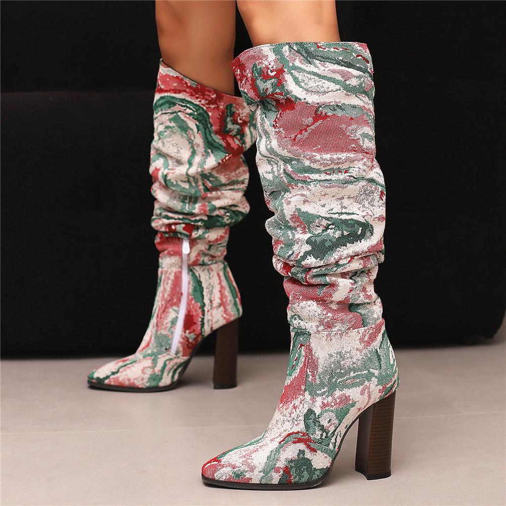 Fashion Women Over The Knee Boots Pointed Toe 10cm Block Heels Knee High Boots Pleated Boots Women Shoes 2025 New Zapatos De Mujer