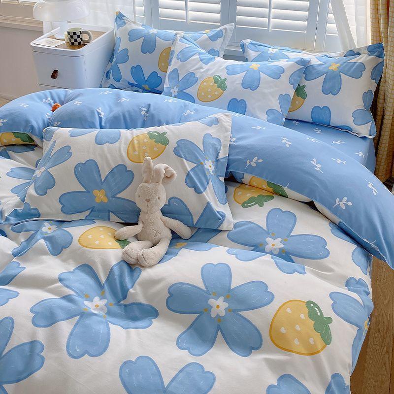 Vierteiliges Bettwäsche-Set, Bettwäsche, Gewaschene Baumwolle Sandgestrahlt Verdickter Bettbezug, Stepplaken, Studentenwohnheim Einzelbettbezug Dreiteiliges Set