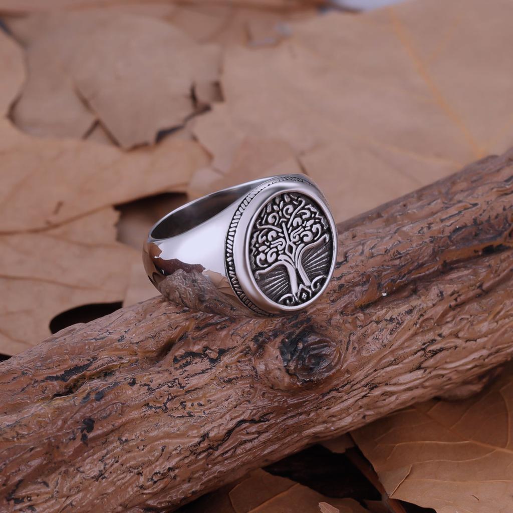 Stainless Steel Tree of Life Yggdrasil Ring Men's Handmade Biker Jewelry Gift Fashion Simple Finger Ring for Party Club