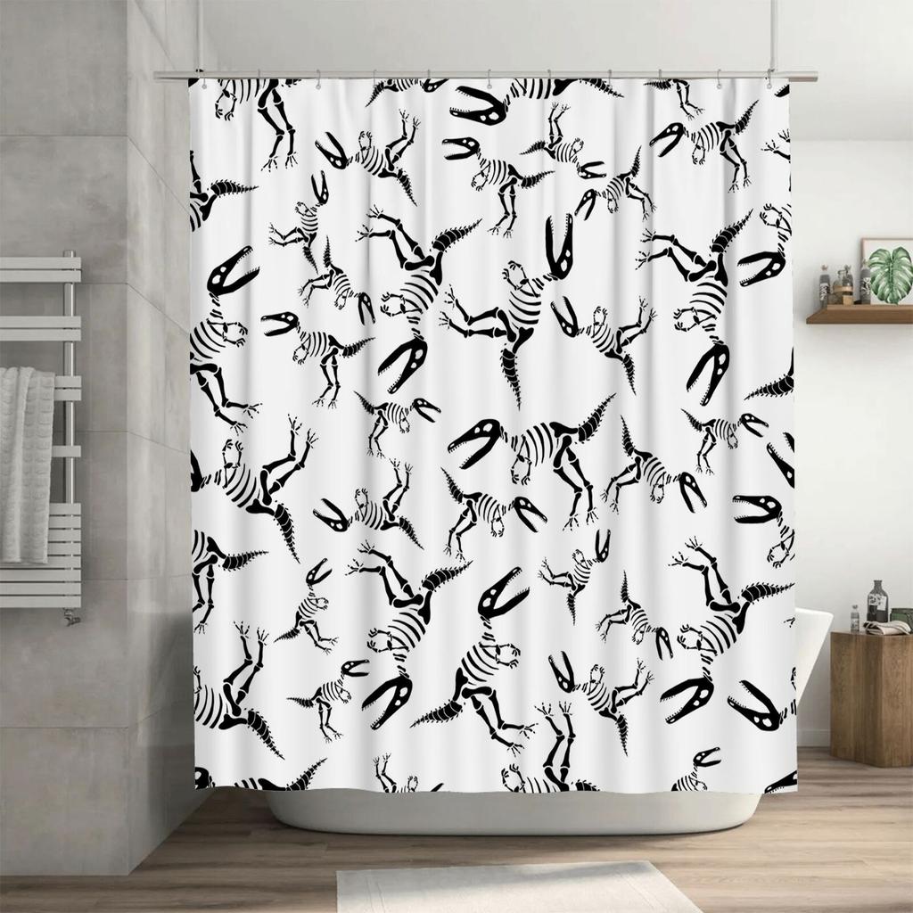 Spooky Skeleton Dinosaur Pattern Shower Curtain for Bathroom Decoration Black White 72x84 Inches