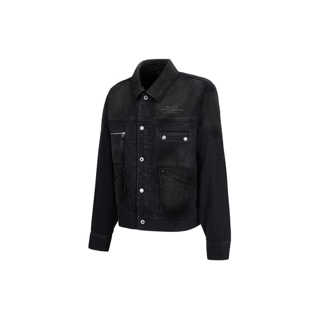 Li Ning Heart Print Polo Collar Single Breasted Long Sleeve Denim Jacket Unisex Jacket Black AJDT069-2