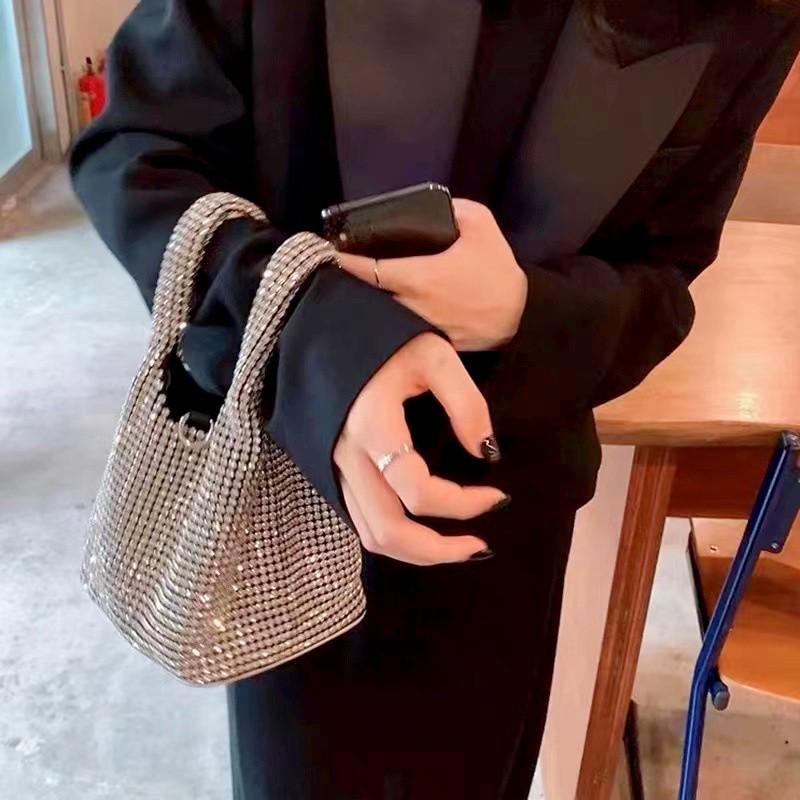 Handle Rhinestones Evening Clutch Bag Purses And Handbag Luxury Designer Hobo Shoulder Bag Shiny Crystal Clutch Purse Bucket Bag