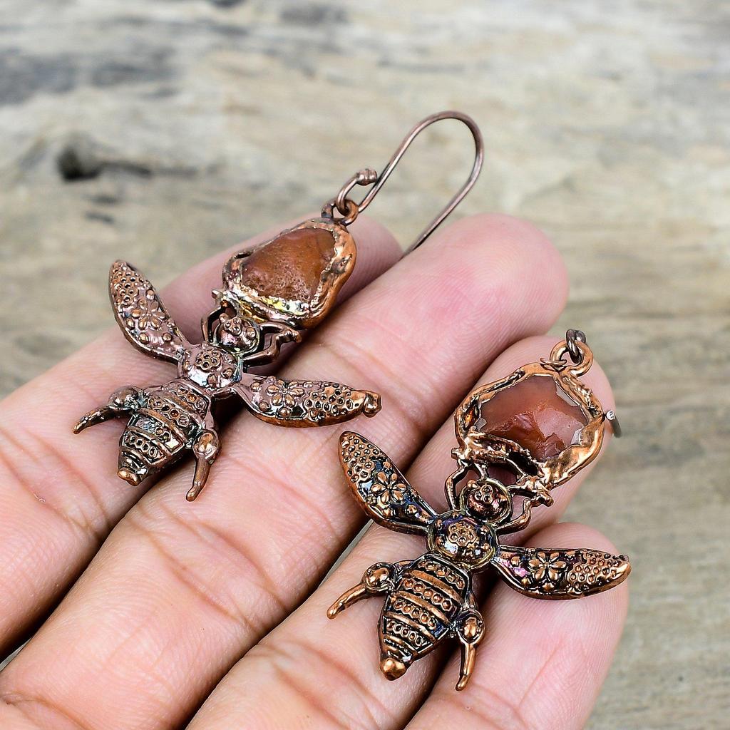 Carnelian rough gemstone earring electroformed copper earrings unique honey bee jewelry handmade earring electroformed jewelry gifts for her