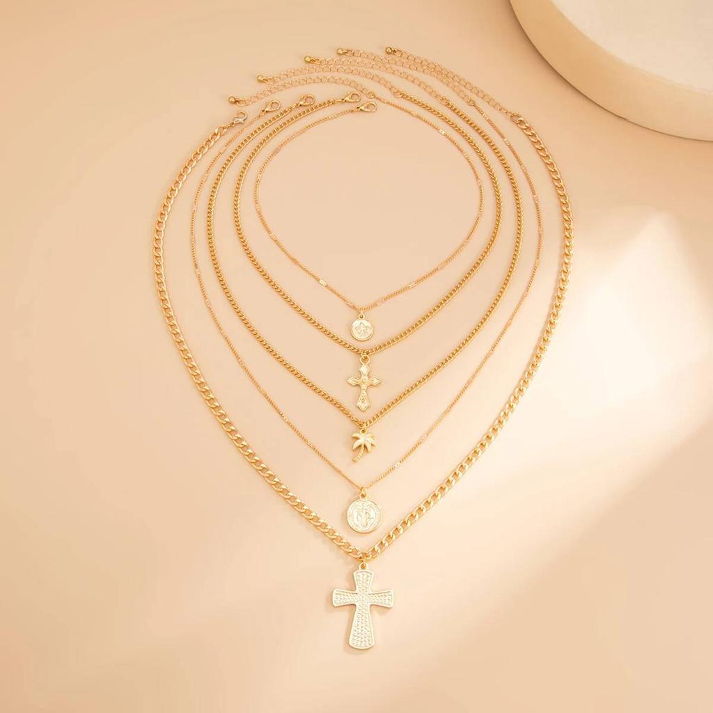 Ingemark 5Pcs/Set Goth Cross Coin Coconut Tree Pendant Choker Necklace for Women Men Vintage Adjustable Chain Daily Jewelry Gift