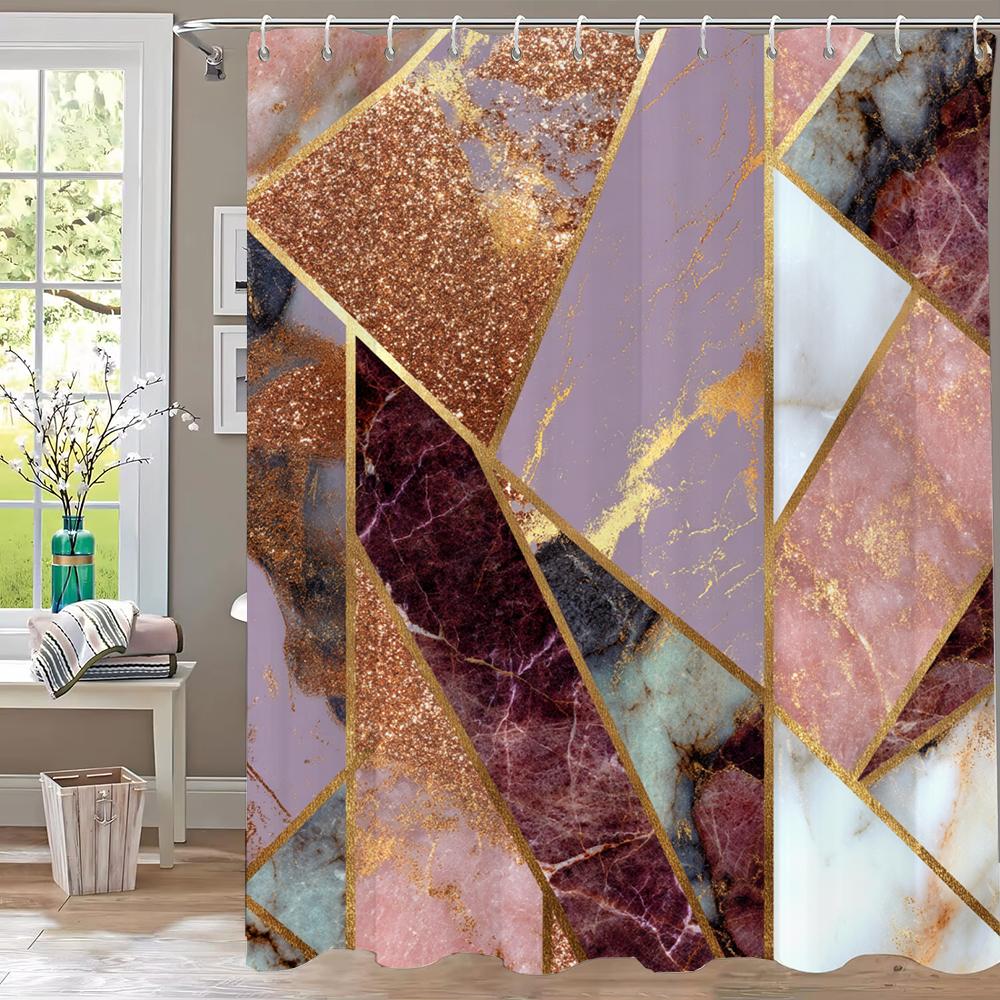 1Pc Golden Abstract Geometry Print Shower Curtain Partition Privacy Hanging Curtain With 12 Hooks Multiple Size Machine Washable