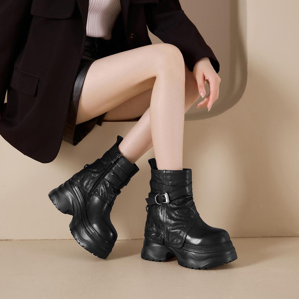 Botas Martin de cuero genuino de 12 cm, suela gruesa, para muffins, otoño e invierno 2025, botas de pantalón con hebilla de cinturón retro, botas cortas pequeñas para aumentar la altura