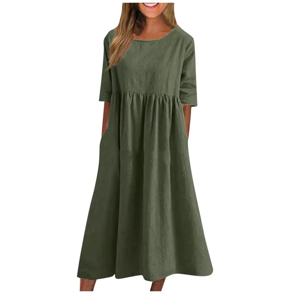 Damen Sommer Farbe Rundhals Halbarm Langes Farbe Kleid Lässig