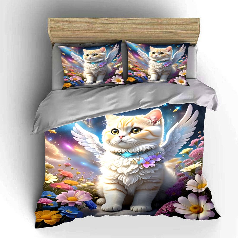 Angel Cat Three-Piece Fantasy Decor Exquisite Three-piece Bedding Set Gift for Kids and Adults