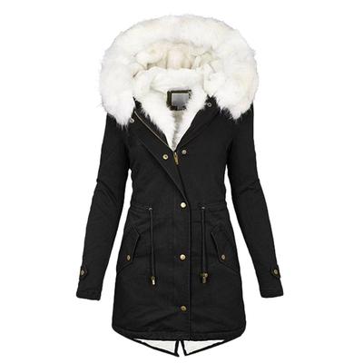 Winter Faux Fur Collar Parkas Cotton Overcoat Long Sleeve Waist Drawstring Women Coat Hooded Fleece Lined Mid-Length Outwear