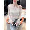 Pleated Lace Shirt with Straps and Slanted Shoulders for Women's Spring and Autumn New Design Sense, Flared Sleeves, Slim Fit, Chic Niche Top