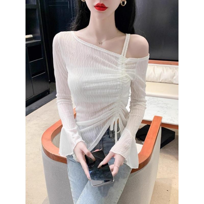 Pleated Lace Shirt with Straps and Slanted Shoulders for Women's Spring and Autumn New Design Sense, Flared Sleeves, Slim Fit, Chic Niche Top