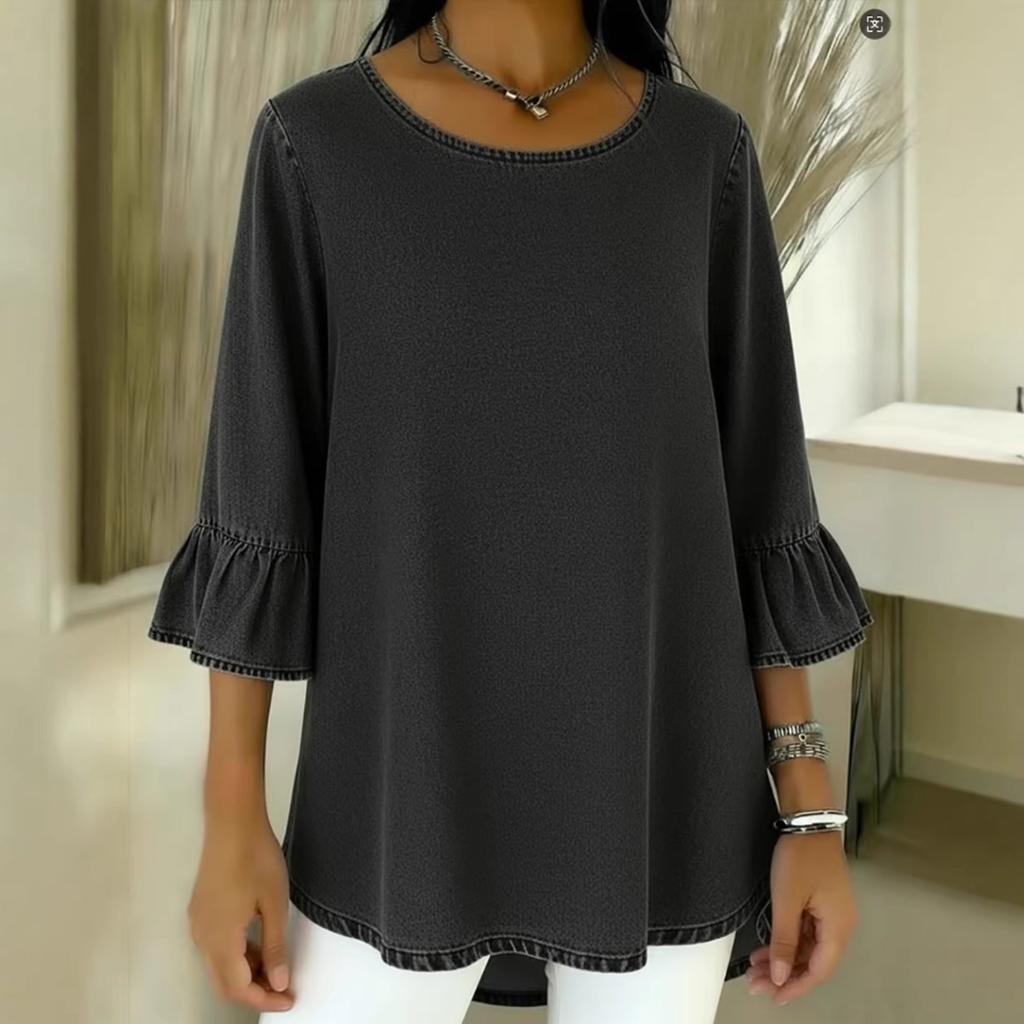 Spring Summer Casual Women's Crew Neck T-shirt Flounce Sleeve 3/4 Sleeve Top