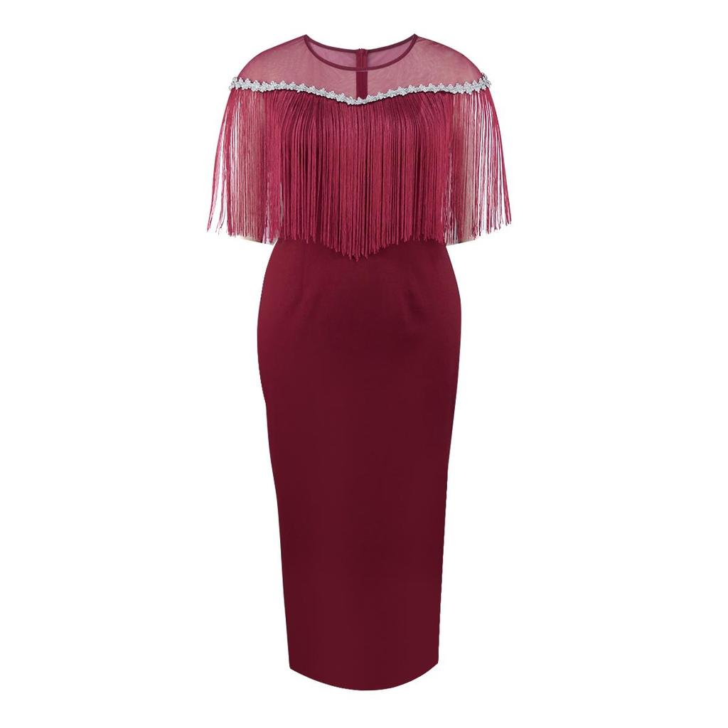 Womens Prom Dresses Fringe Mesh Patchwork Round Neck Sequins Pencil Plus Size Party Dresses