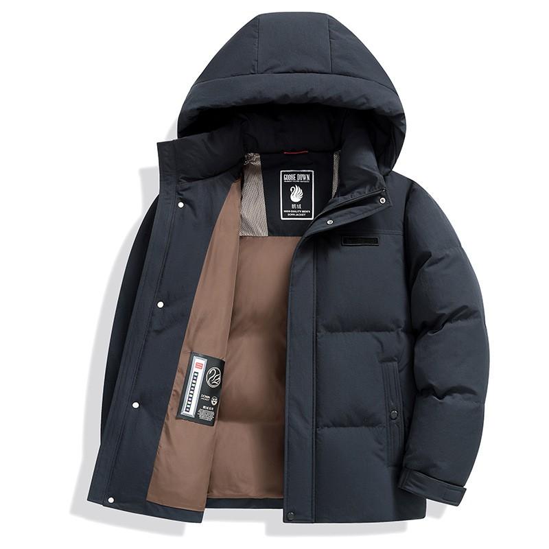 Mens Winter Down Jacket Stand Collar Detachable Hood Thick Warm White Duck Business Casual