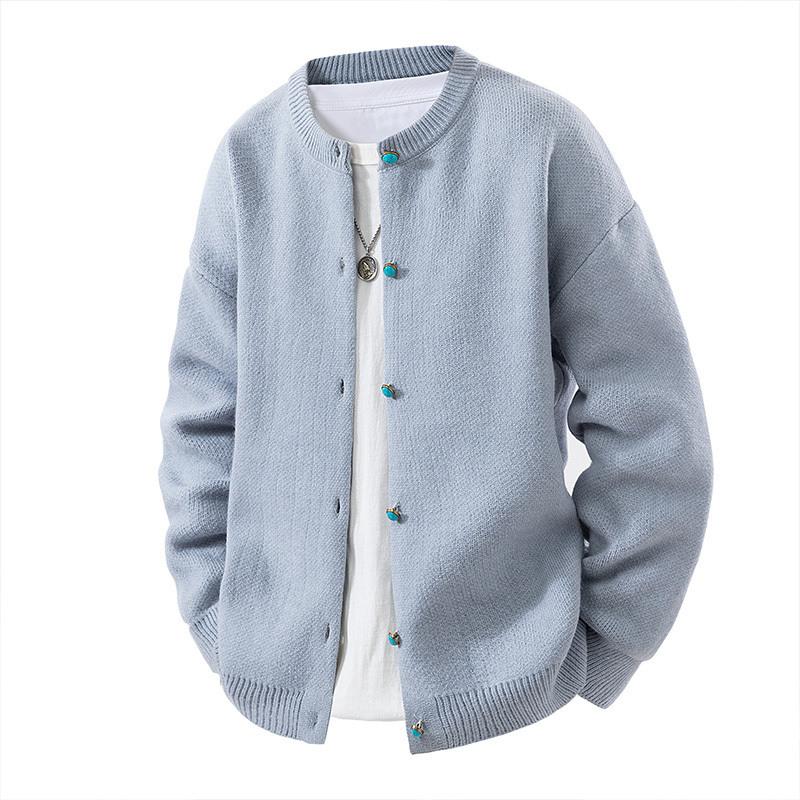 Men's Round Neck Sweater Knitted Sweater Slim Solid Color Jacket Cardigan Top