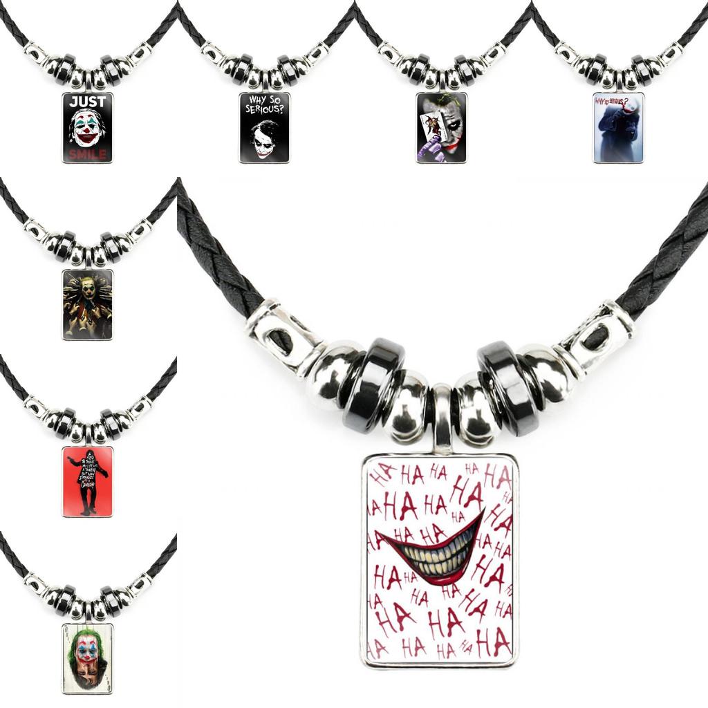 Classic Joker Movie Pendant Necklace For Men Handmade Geometric Leather Rope Chain