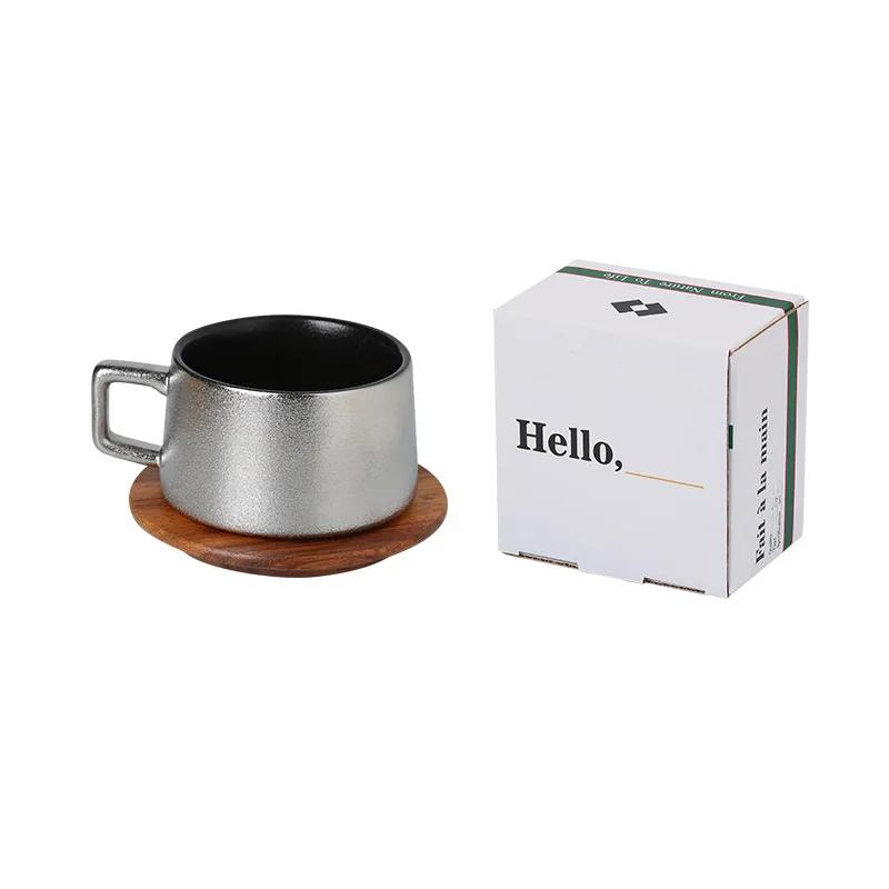 Luxurious Retro Gold Silver Coffee Cup and Saucer Ceramic Set Gift Box Gift Solid Wood Cup Coffee Mug Drinking Utensils 230ML
