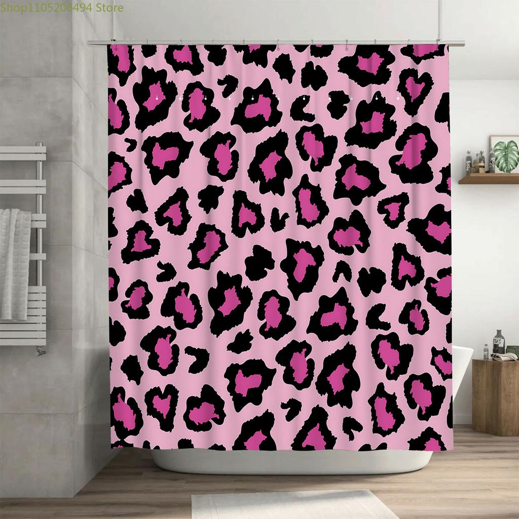 Leopard Print Shower Curtain for Bathroom Decor Pink and Black Pattern Waterproof  Durable Suitable for Wet and Dry Separation