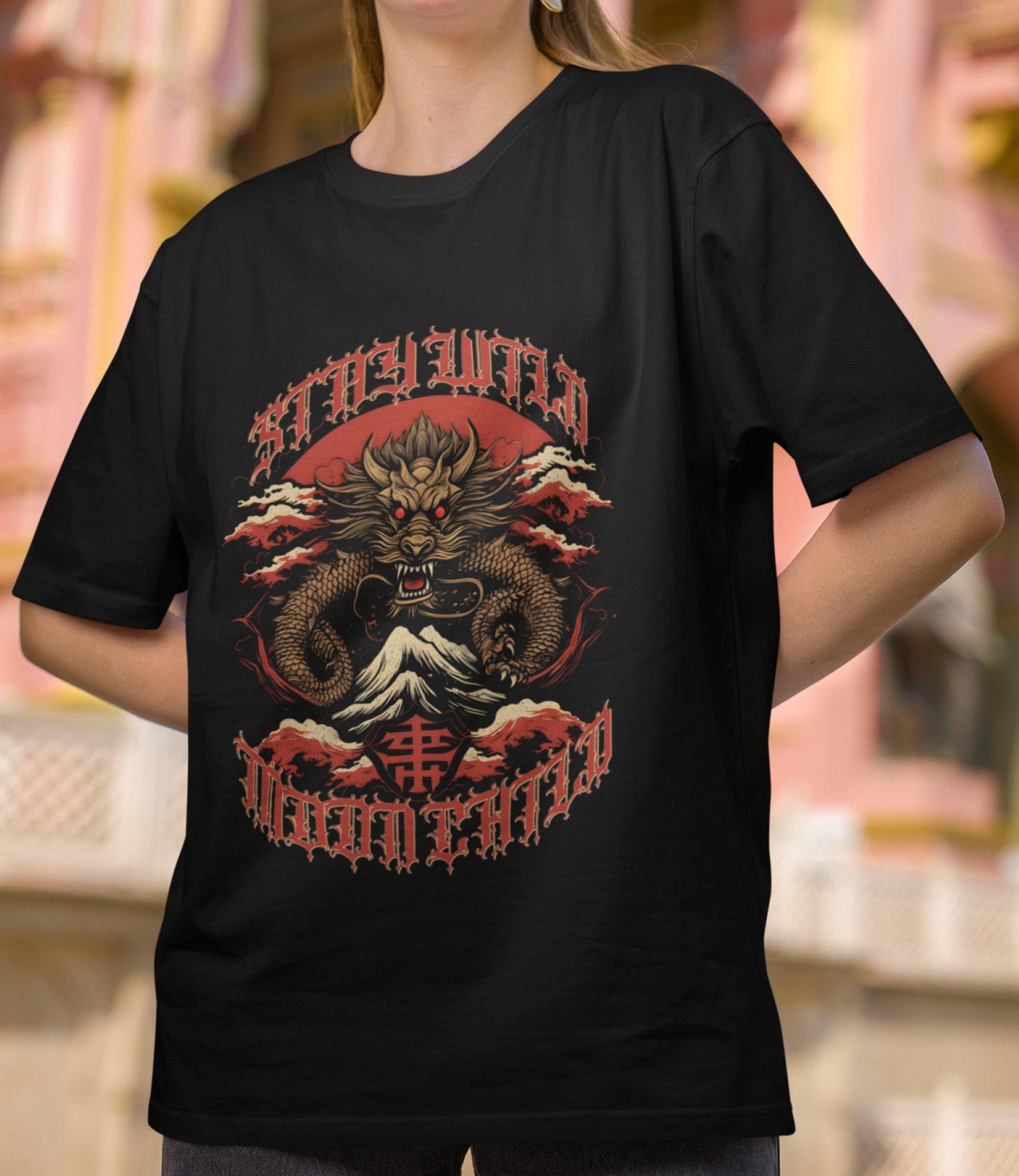 Japanese Dragon Tattoo T-Shirt: Retro Moon Child Graphic Tee 4XL