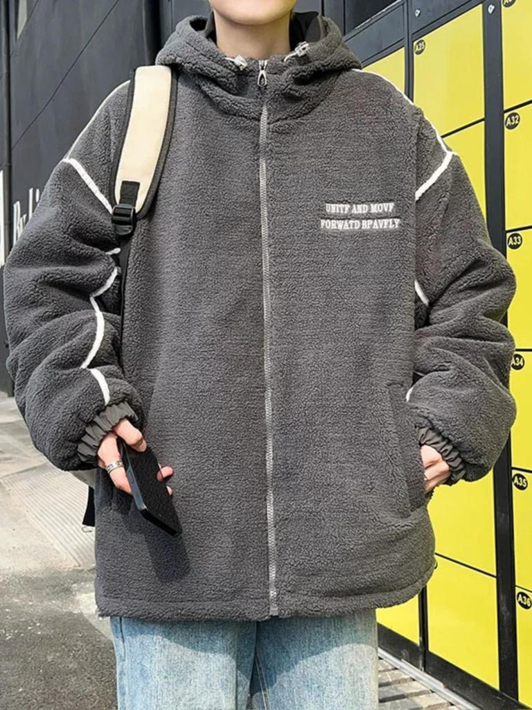 Men's Lambswool Hooded Coat, Autumn/Winter Embroidered Thick Cotton Jacket, Trendy Couple Style.