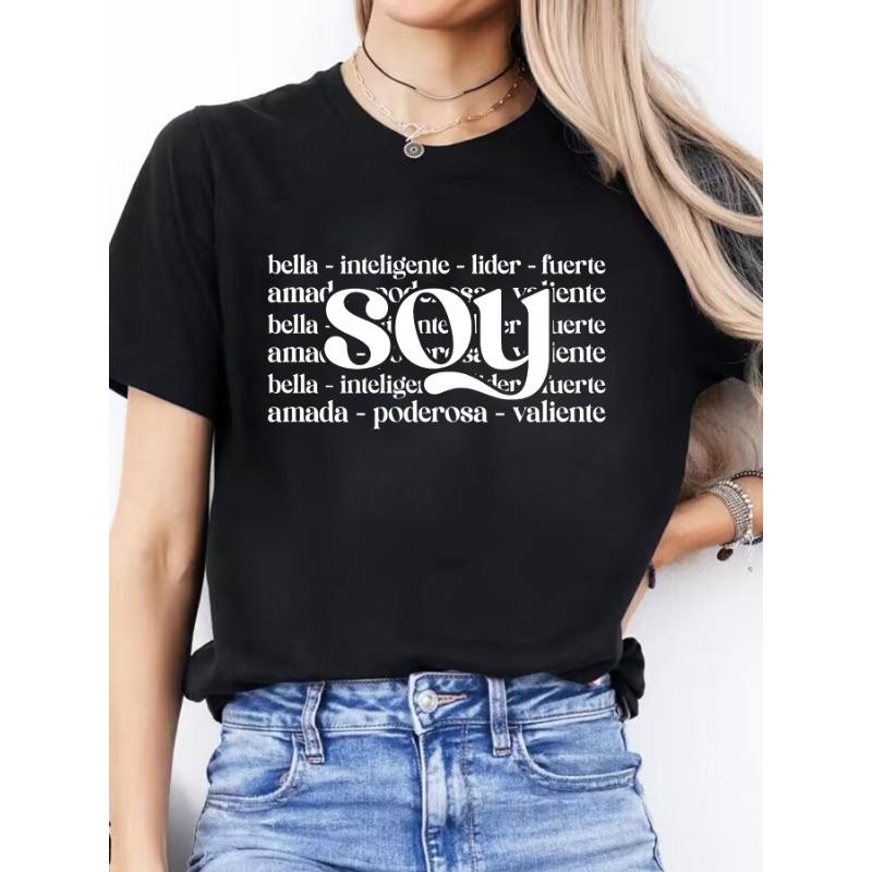 

Women S Casual Spanish Alphabet Print T-Shirt - Soft Green, Short Sleeve, Round Neck, Lightweight & Stretchy, Perfect for Spring/Summer, S чёрный