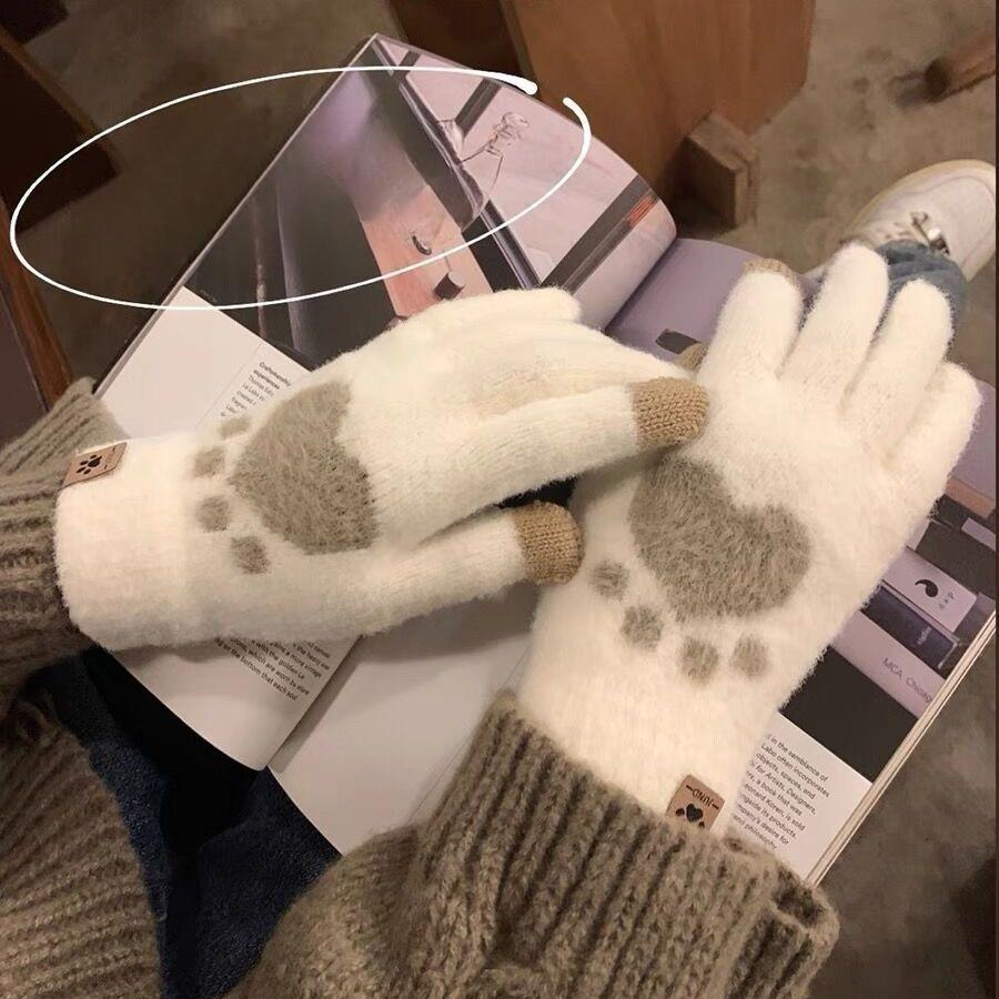 Cute Plush Gloves for Girls in Winter  Thickened and Warm Touch Screen Knitted Wool for Cycling To Keep Warm  Referring To Students in Winter