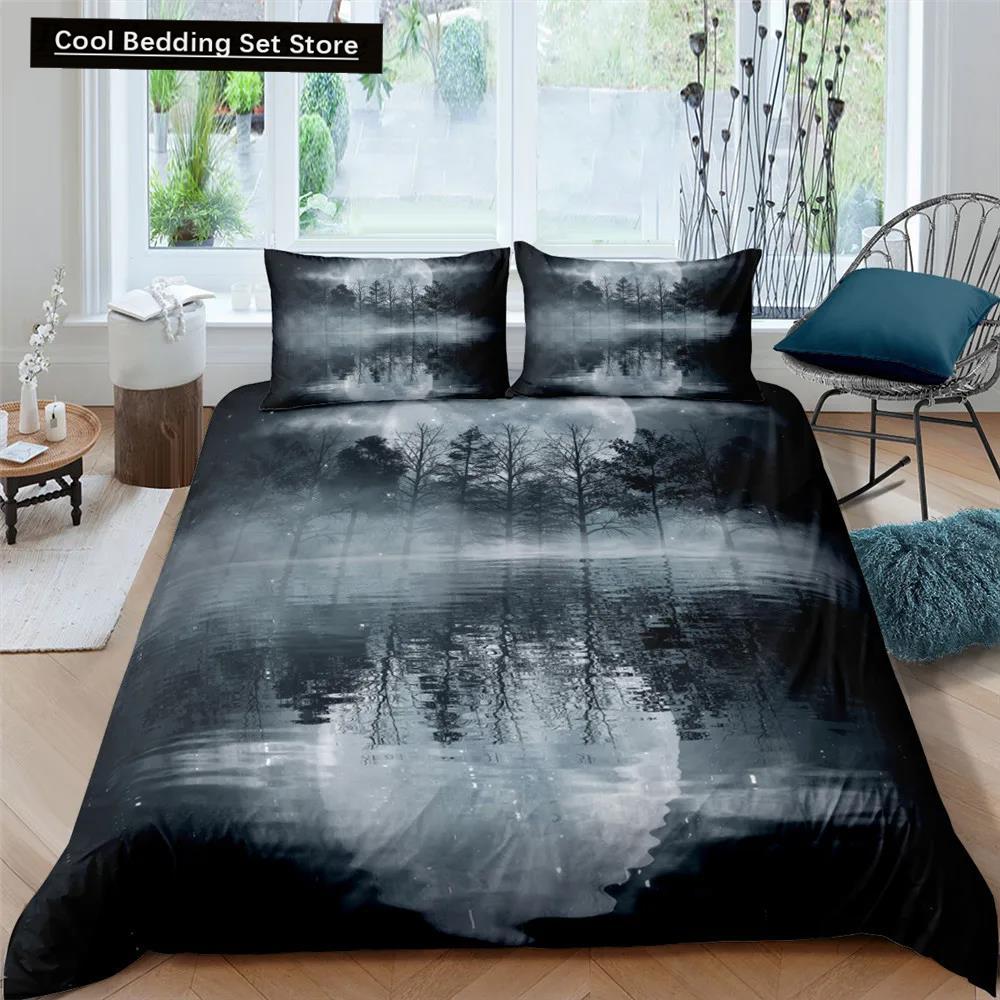 Moon Night Scene King Queen Duvet Cover Red Dark Sky Sunset Clouds Bedding Set Teens Adults Forest 2/3Pcs Polyester Quilt Cover