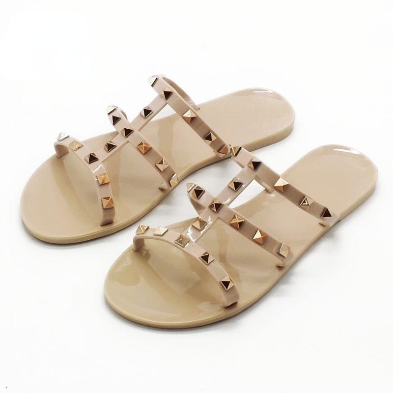 

Летние тапочки на плоской подошве с заклепками для женщин 2025 Новые хрустальные туфли Желейные туфли Женские сандалии Обувь Женская Zapatos De Mujer 42 хаки