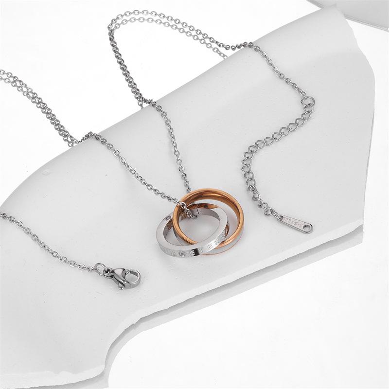 Eternal Love Hip Hop Stainless Steel Couple Pendant Necklace with Double Ring Diamond Inlay for Men and Women
