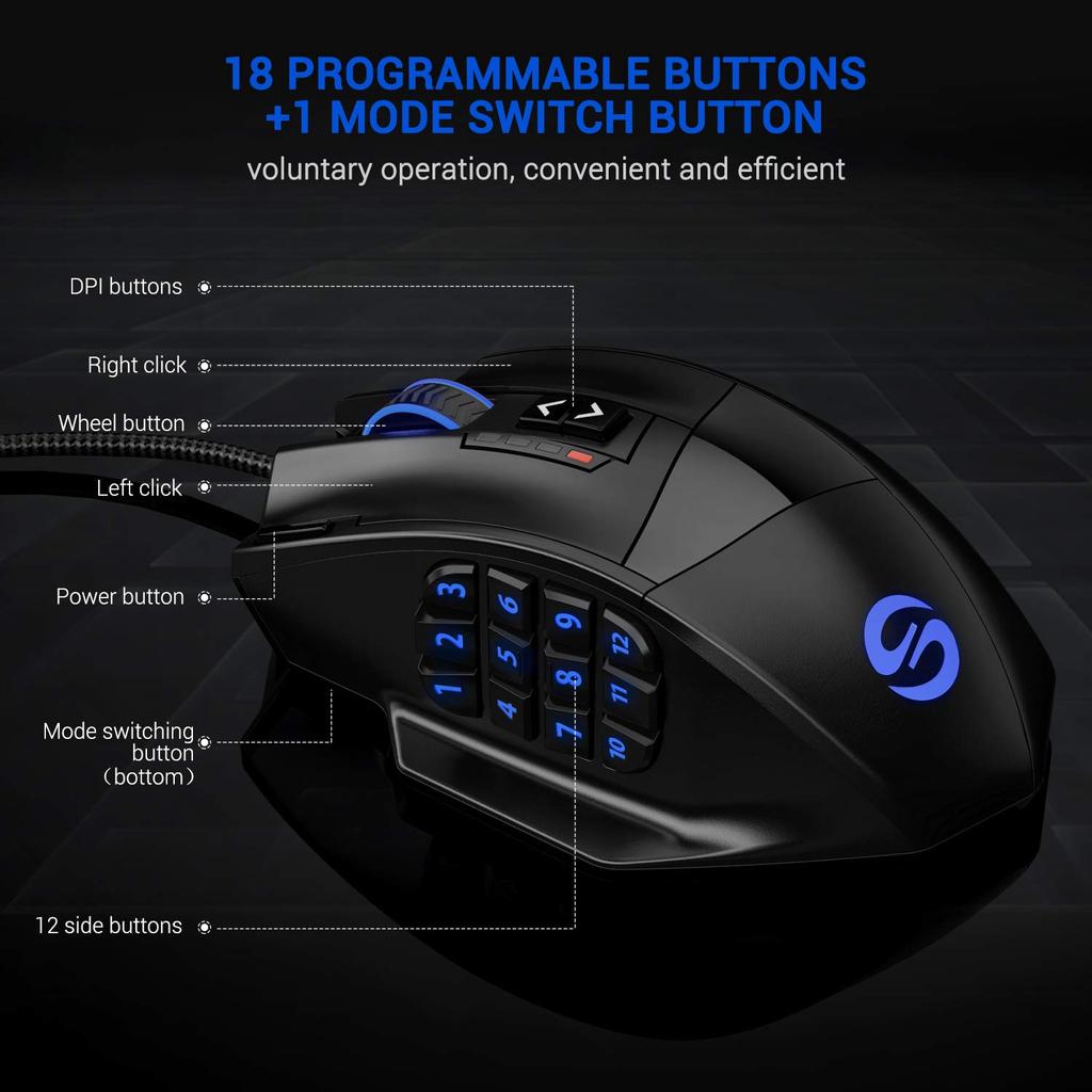 UtechSmart Wired Gaming Mouse with Side Buttons, Adjustable DPI up to 16400, High-Precision Laser, for MMO and PC