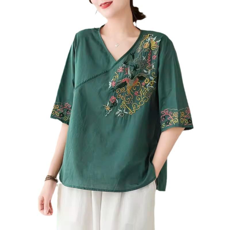 Broderi-skjorte i kinesisk stil for kvinner, Litterær retro sommer ny bomull løs brodert femkvart ermetopp for kvinner