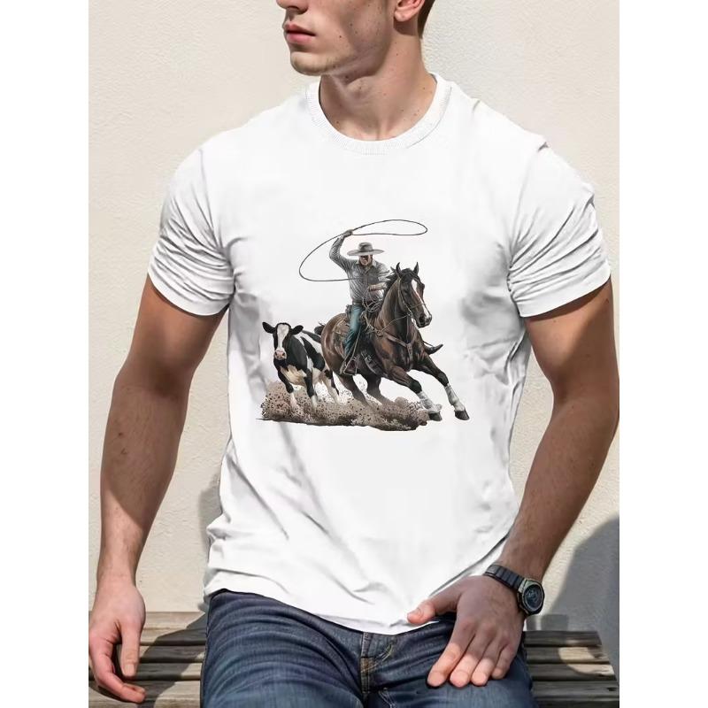 New Men's T-shirts Clothing Fashion Cowboy Printed Short Sleeve T-shirts Tops Summer Breathable Crew Neck T Shirt For Men