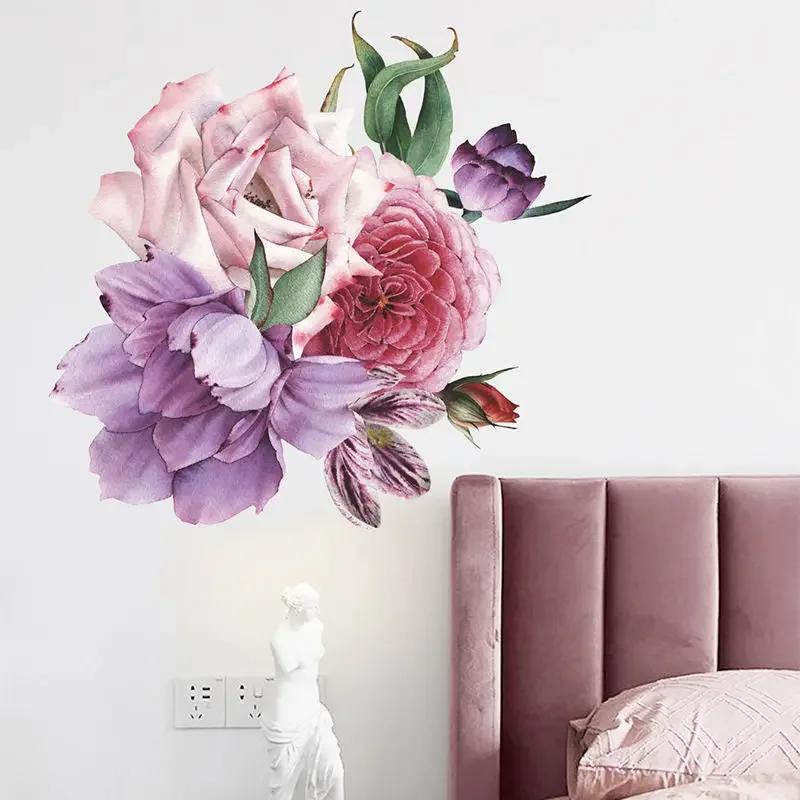 Watercolor Pink Flower and Leaf Combination Wall Stickers Home Background Decoration Stickers Removable Self-adhesive Mural