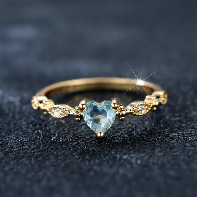 Cute Female Water Blue Zircon Stone Ring Trendy Yellow Gold Color Heart Engagement Bride Wedding  For Women