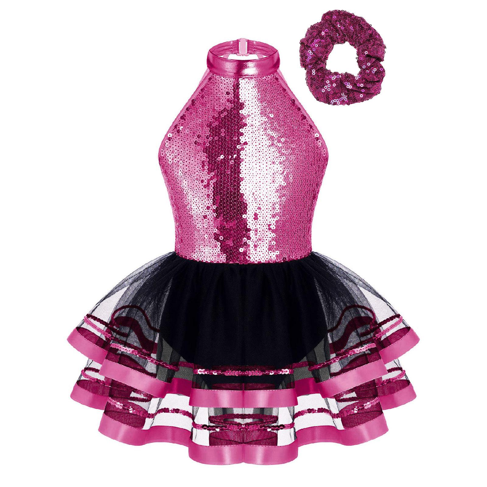 

Дівчата блискучі блискітки з блискітками, сукня-пачка з вирізом на вирізі без рукавів і спинки з аксесуаром для волосся для танцювальних виступів 3-4 Years Яскраво-рожевий