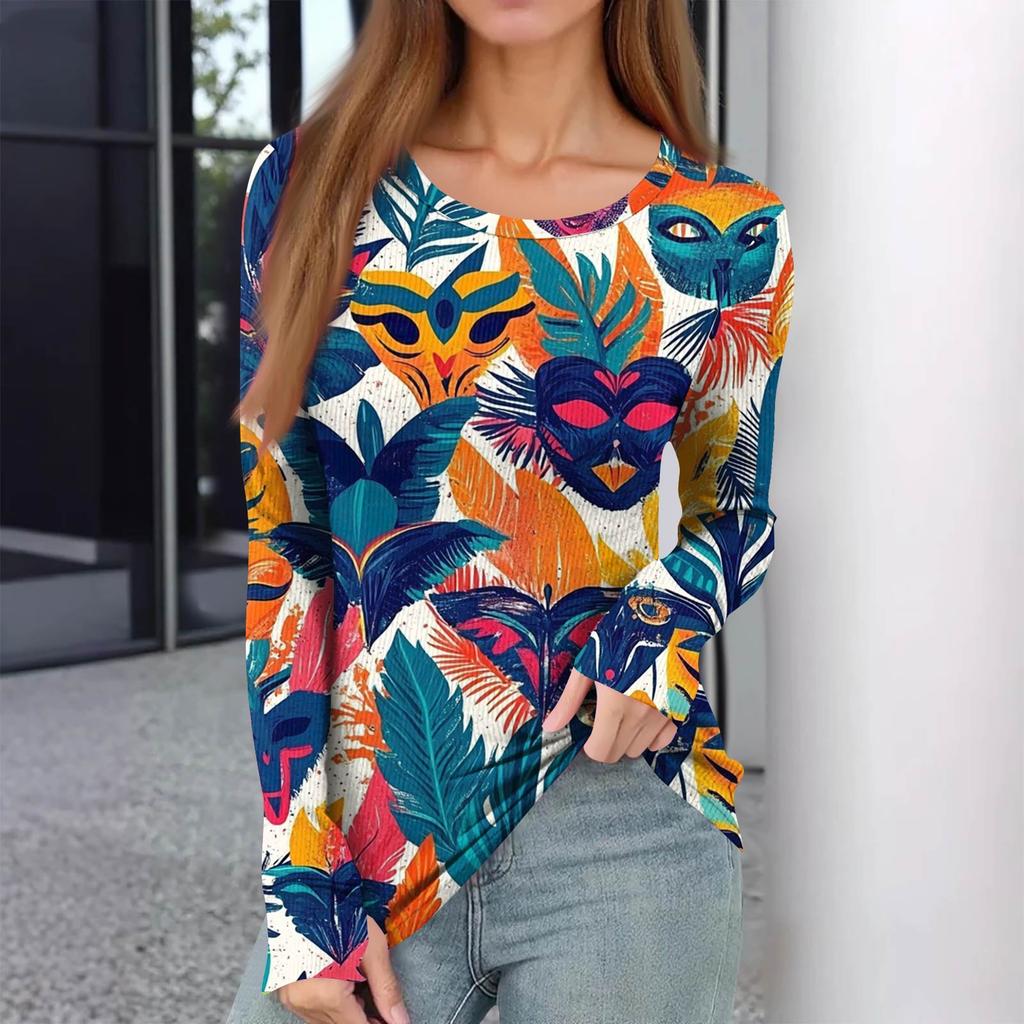 Women's Winter Slim Bottom T-shirt Fashion Casual Printing Round Neck Pullover Long Sleeve Top