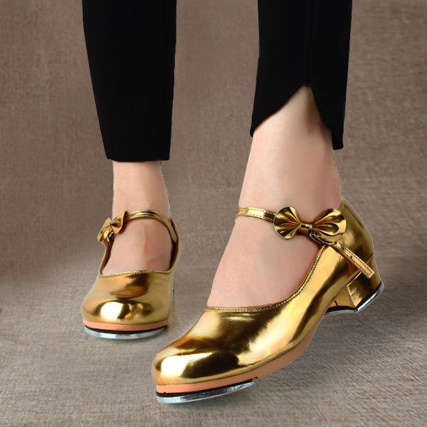 New Women Girls Tap Dance Shoes Shiny Patent PU Leather Laced Glossy Bow Tie Kids Tap Shoes Teacher Stage Dance Shoes