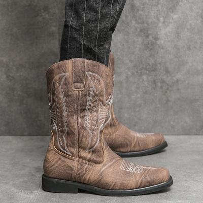 Cizme Cowboy de Lux Bărbați Vintage Pantofi Cavaler Outdoor Casual Piele Broderie Plat Designer Cizme Motociclist 2024Nou Cizmă Vest