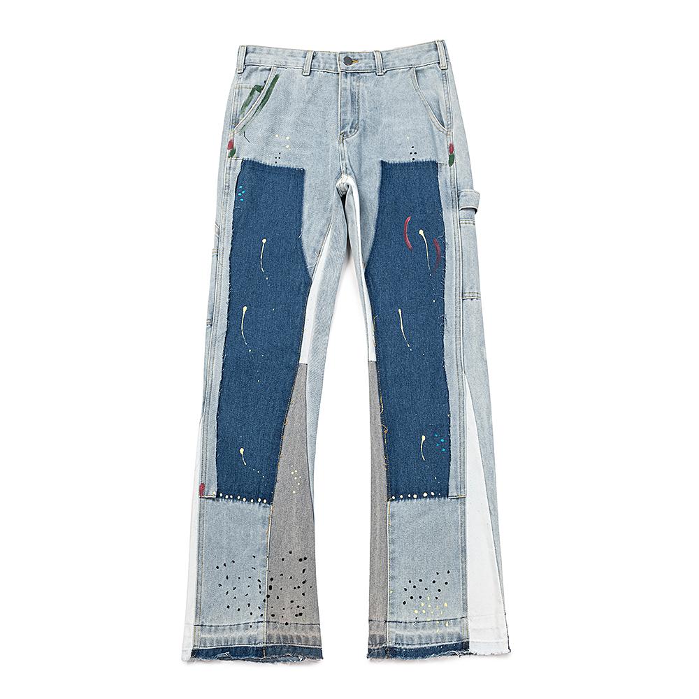 FlowStreet Retro American Torn Fringe Knee Patchwork Micro Flared Black Jeans Youth Fashion Straight Leg Workwear Trousers Wear Resistant