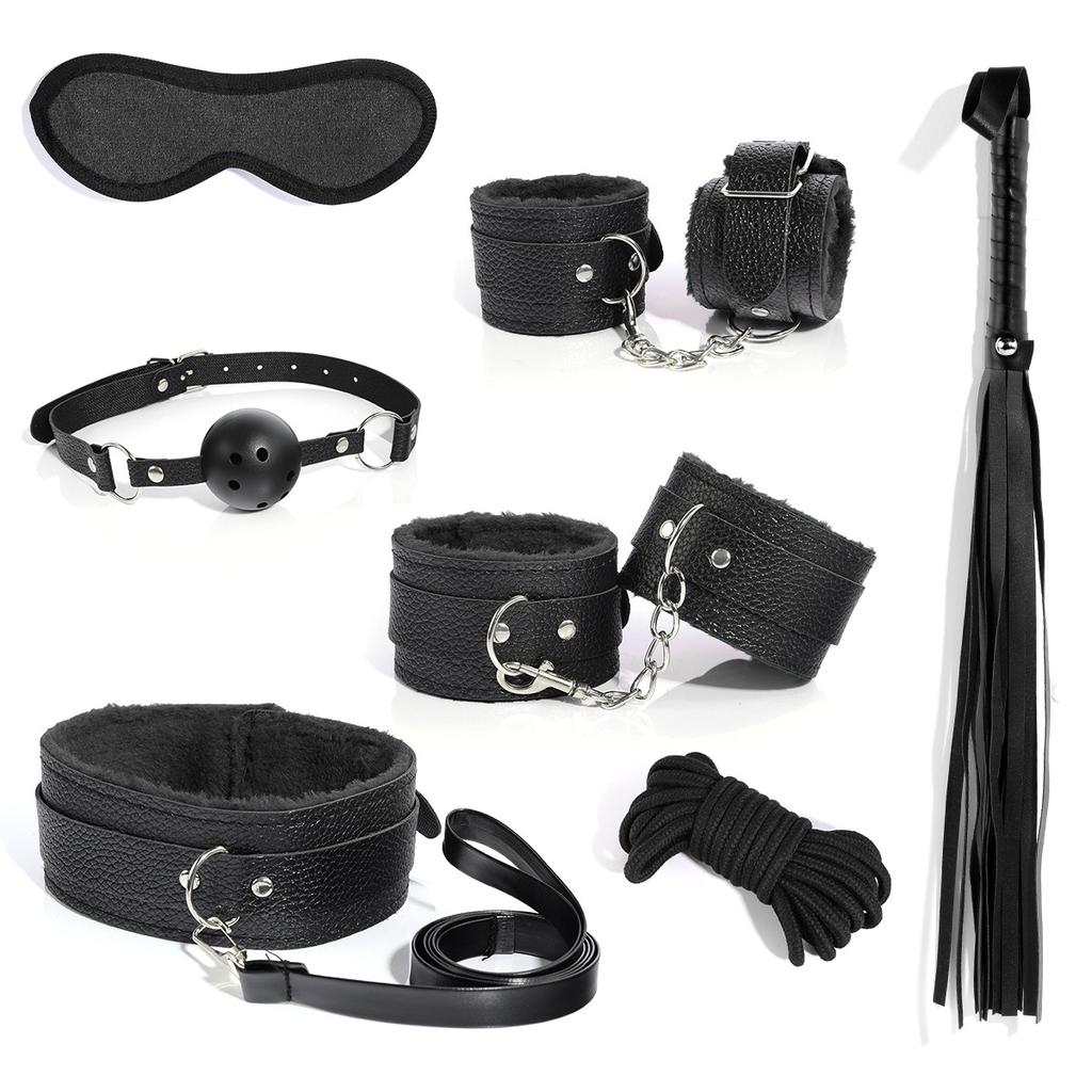 BDSM Bondage Bundle Set Leather Plush Blindfold Handcuffs Whip Nipple Clip Adult Sex Toys Women Erotic Restraint Game Kit