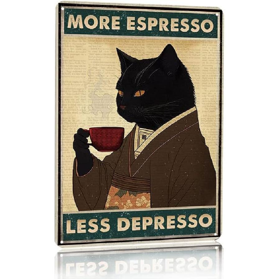 Vintage Black Cat Coffee Poster More Espresso Less Depresso Wall Sign Novelty Metal Tin Sign Home Vintage Art Decor Iron Painting 8X12 Inch