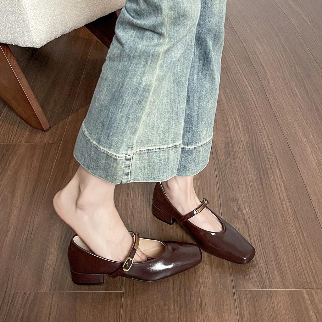 Square head single shoes women's light mouth thick heel new one-word buckle Mary Jane shoes