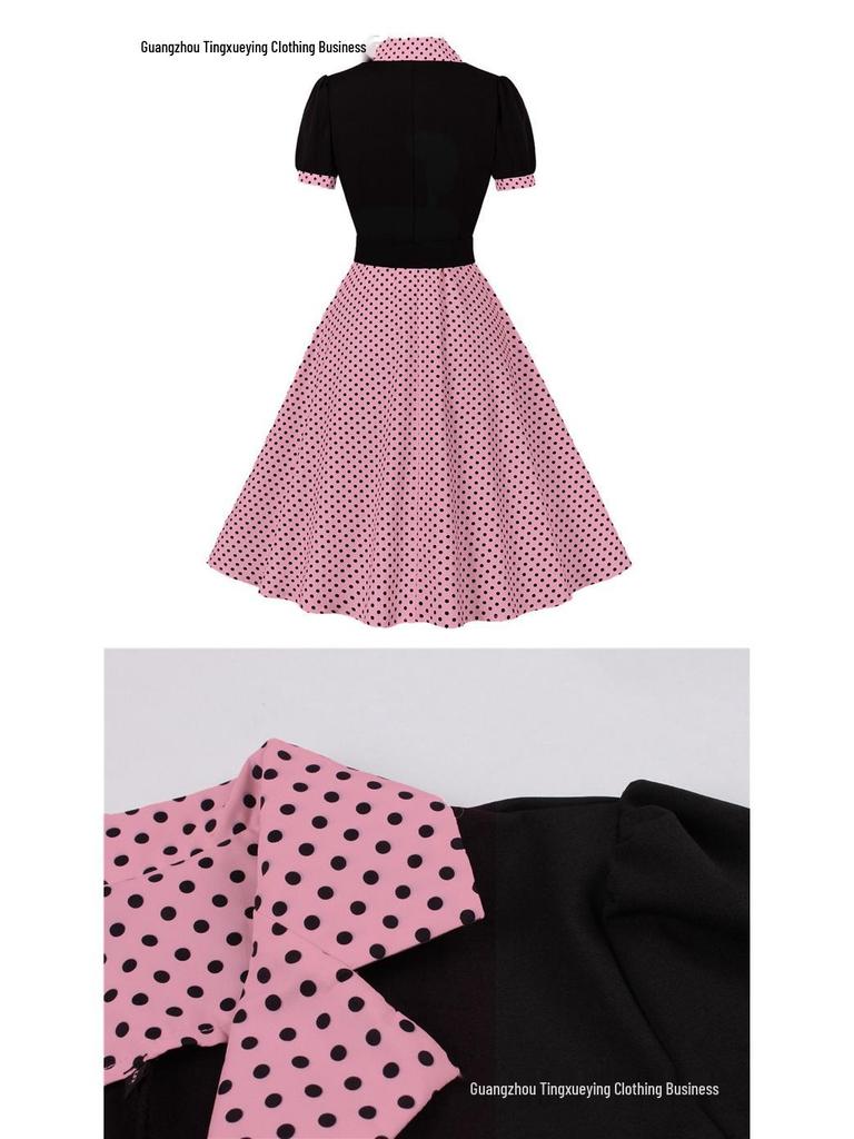 Stippen Revers Korte Mouwen Met Riem Afslankende Jurk voor Dames - Lente/Zomer Mode