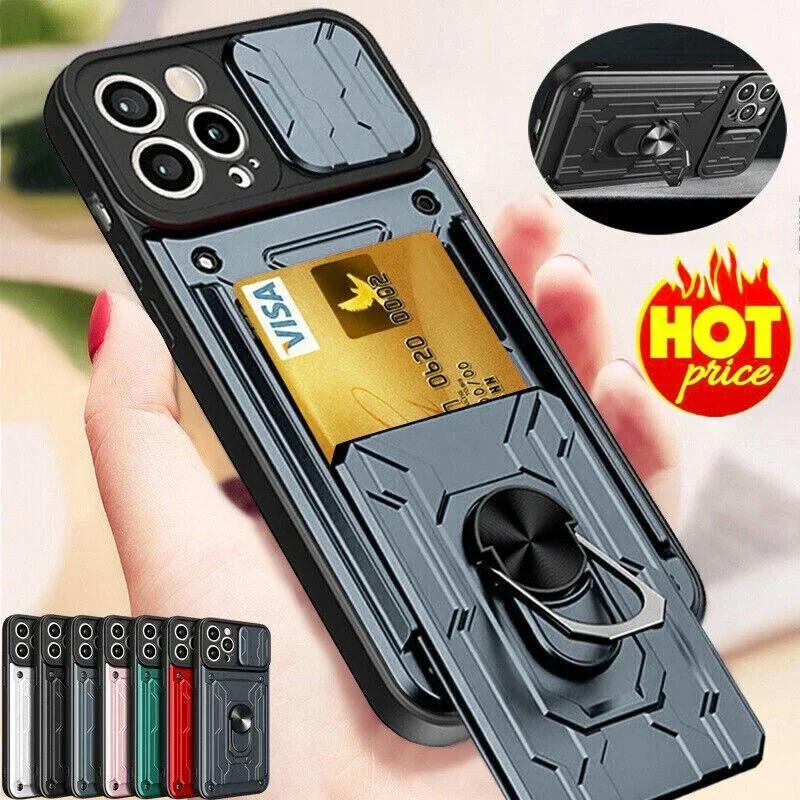 Case For iPhone 17 16 15 14 13 12 11 Pro Max XR XS Plus SE Slide Camera Card Slot Military Grade Ring 360 Magnetic Back Cover