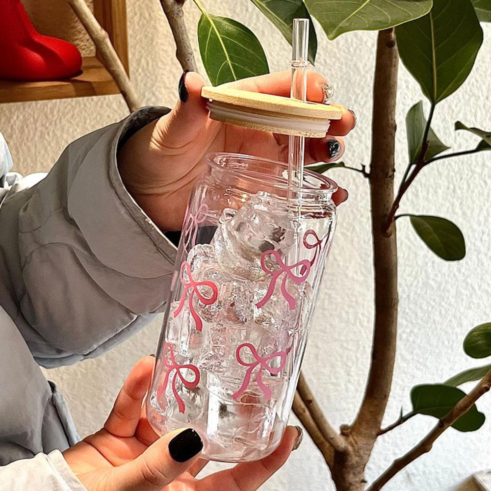 Bow Tie Plastic Straw Cup Cute Pink Cup Tumbler Mason Jar Shaped Water Bottle With Lids For Iced Coffee Juice Drinking Cup Gift