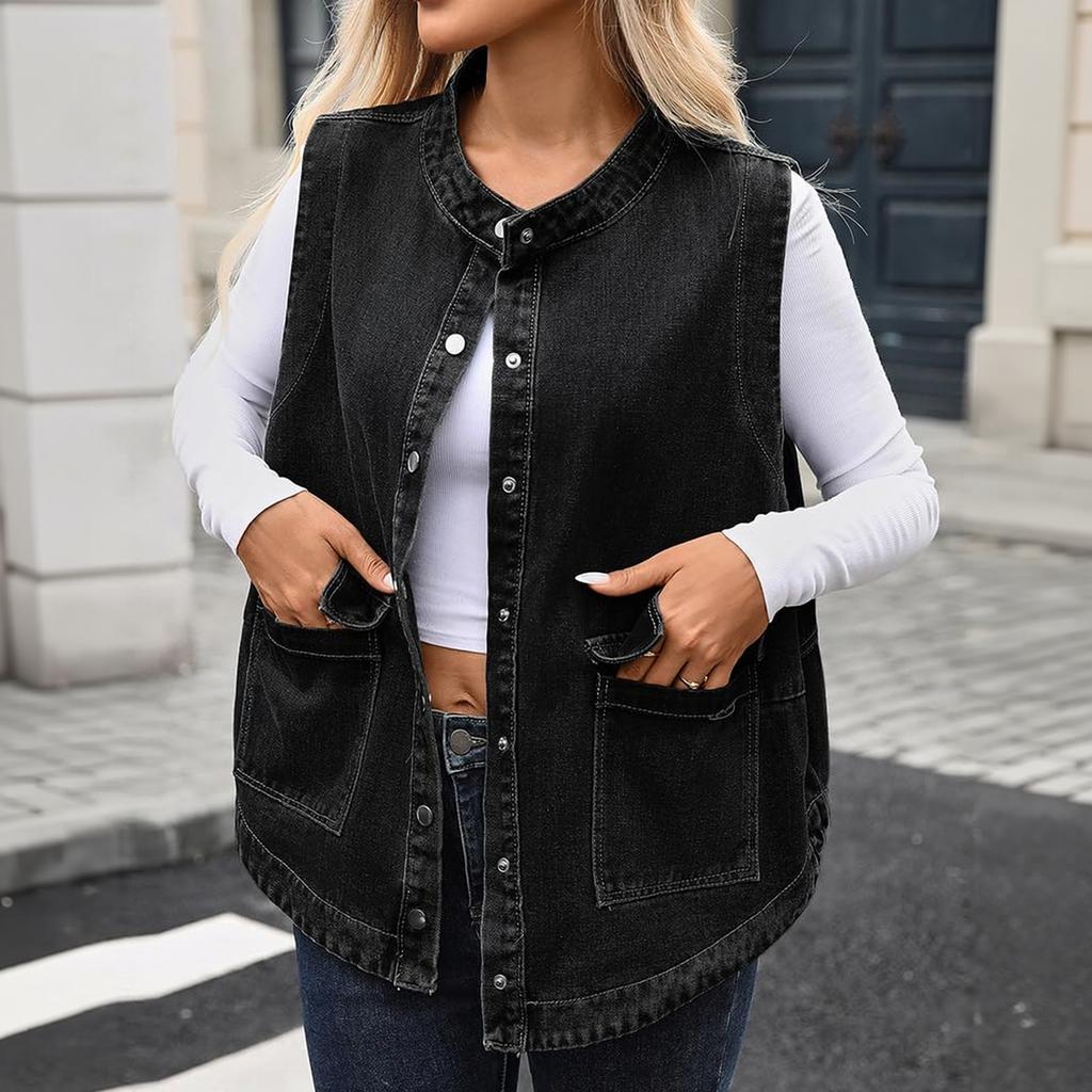 Damen Casual Locker geschnittene Jeansweste Ärmellose Jean Jacke für den Alltag