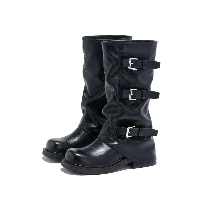 Fashion AIYUQI Women's Western Cowboy Boots 2025 New Square Toe Pleated Women Trouser Leg Boots Large Buckle Boots female