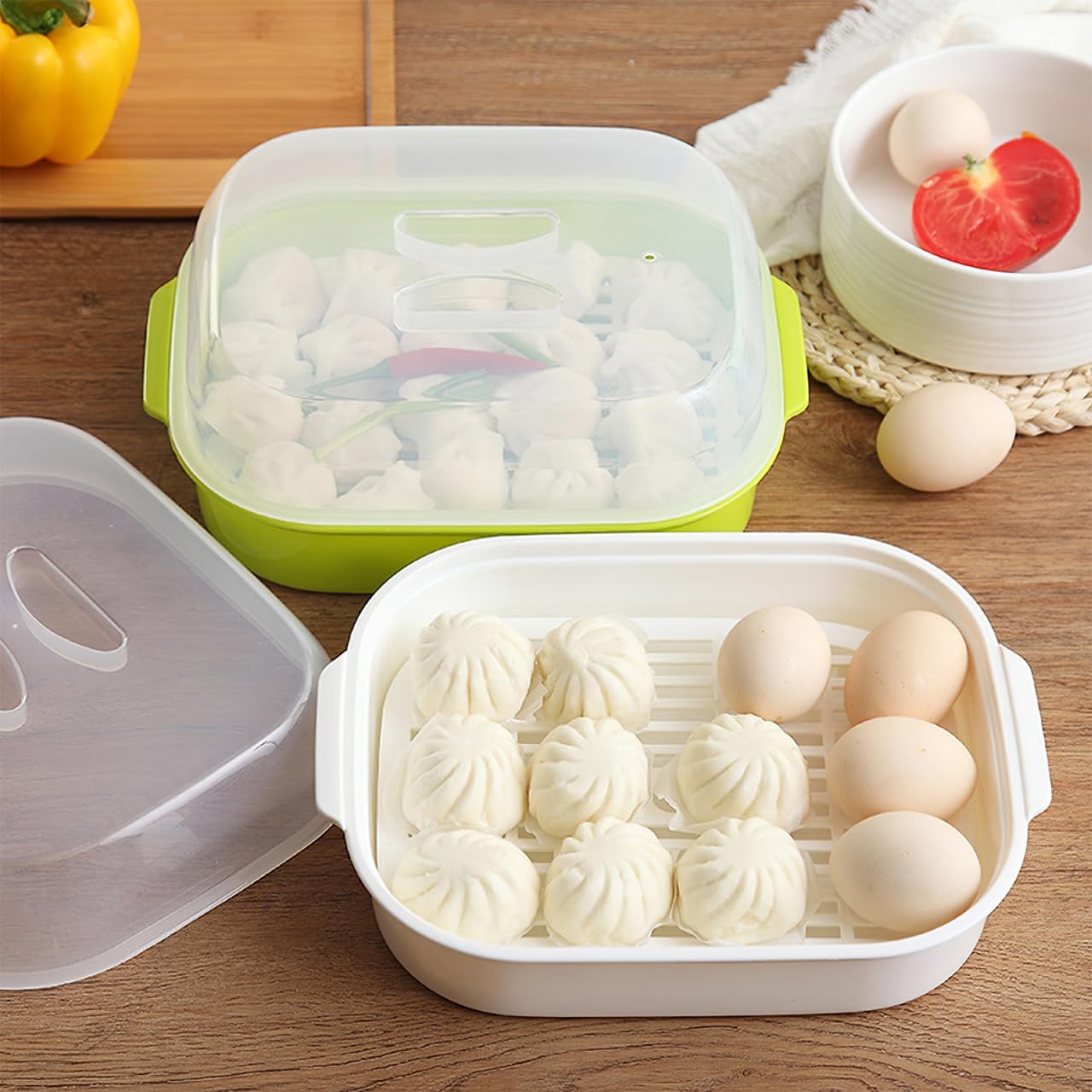 1pc Microwave Oven Steamer for Steamed Buns Kitchen Cooking Heating Steamer Microwave Oven Food Basket Vent Cookware (Random Color, White/Green)