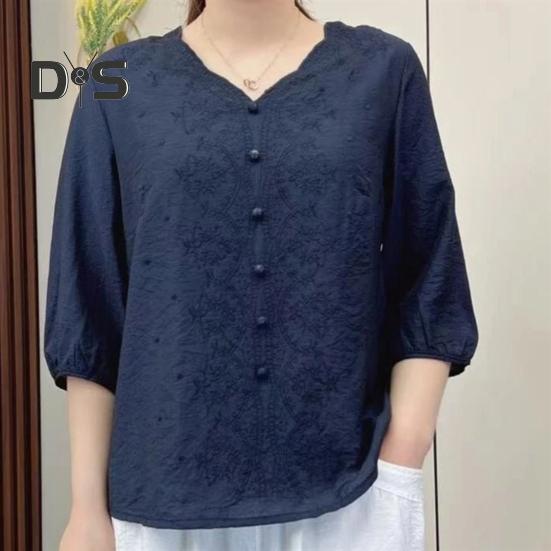 Koszula damska z dekoltem w serek, półrękawem, haftem, kwiatowym wzorem, luźny krój, jednolity kolor, bluzka codzienna