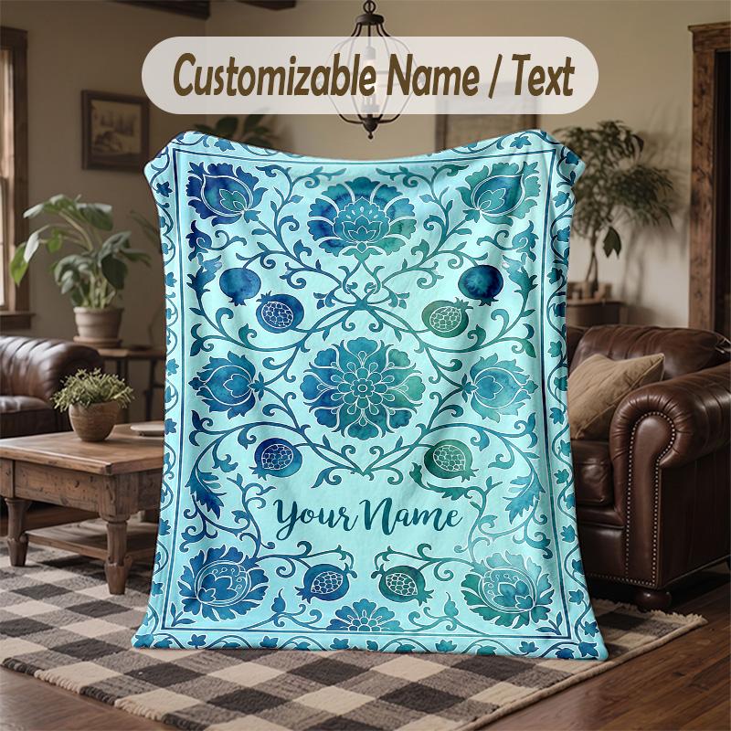 Blue Floral 1 Theme Throw Blanket Custom Name Text Personalized Blanket Soft Cozy Blanket for Home Sofa Bed